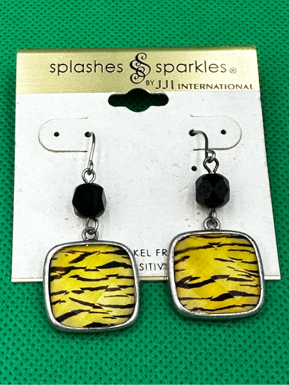 Yellow Black Tiger-Stripe Print Square Dangle Earrings